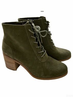Toms Evelyn Boots Olive Green Size 10 Lace-Up Suede Ankle Boots Stacked Heels